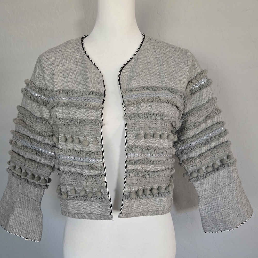Anthropologie Harlyn Crop Wool Blend Harringbone Boho Chic Jacket Pommed Sz S